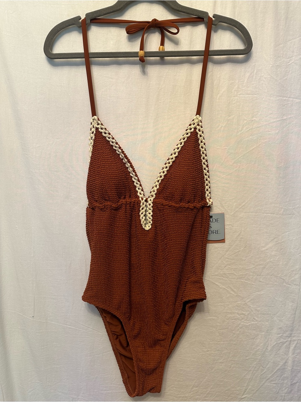 Shade & Shore NWT Brown Crochet Trim One Piece Swimsuit Small